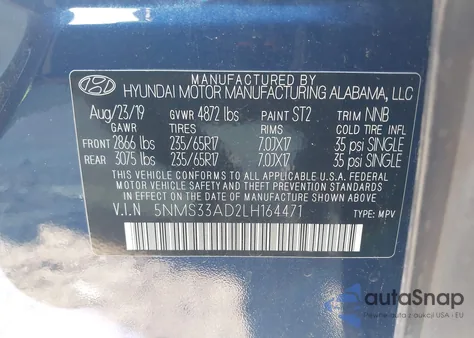 2020 Hyundai Santa Fe Sel из США, поврежденный, VIN 5NMS33AD2LH164471